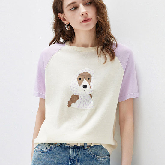 COMOBOCA Women's Puppy Intarsia Raglan Sleeve Knit T-Shirt