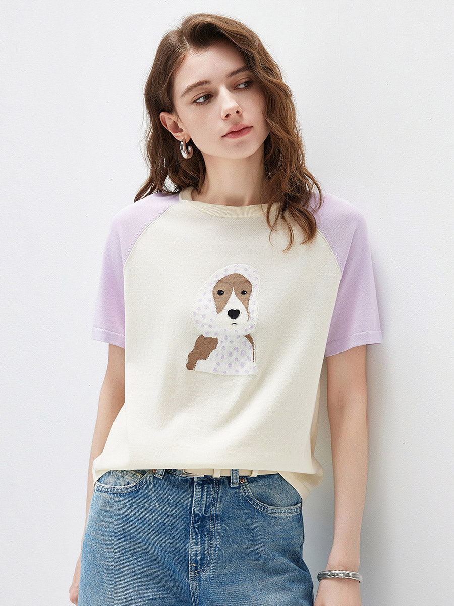 COMOBOCA Women's Puppy Intarsia Raglan Sleeve Knit T-Shirt