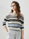 COMOBOCA Light Blue Women's Striped Ribbed Round Neck Sweater