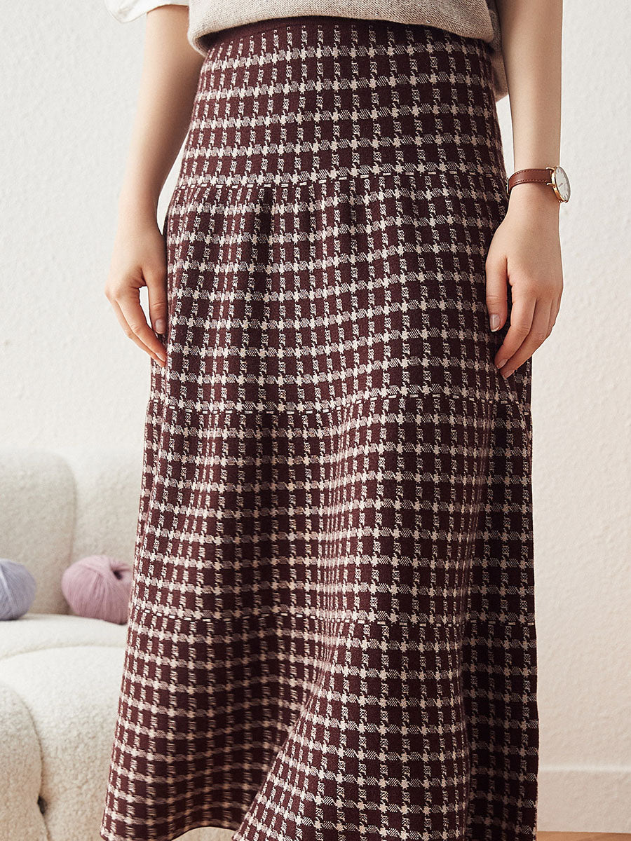 COMOBOCA Women's Plaid Wool Knit A Line Skirt