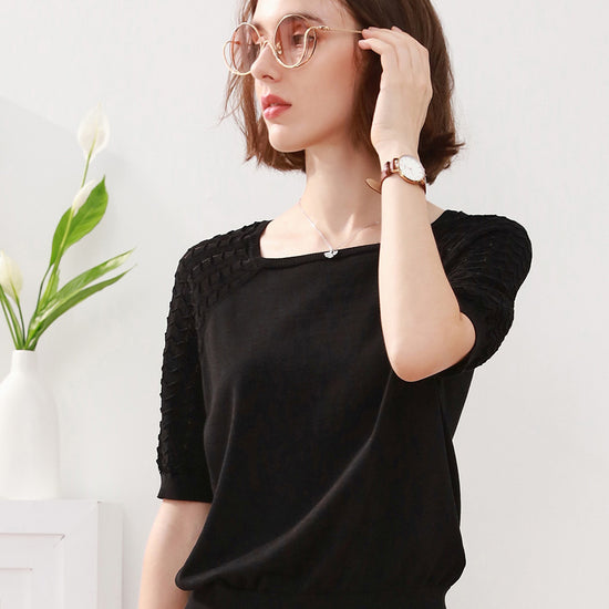 COMOBOCA Black 100% Mulberry Silk Women's Textured T-Shirt