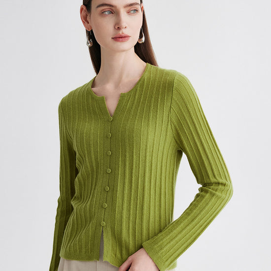 COMOBOCA 100% Cashmere Women's Ribbed Faux Knit Cardigan Sweater