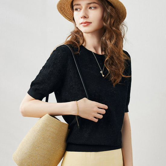 COMOBOCA Women's Cotton Silk Versatile Floral Lace Knit T-Shirt