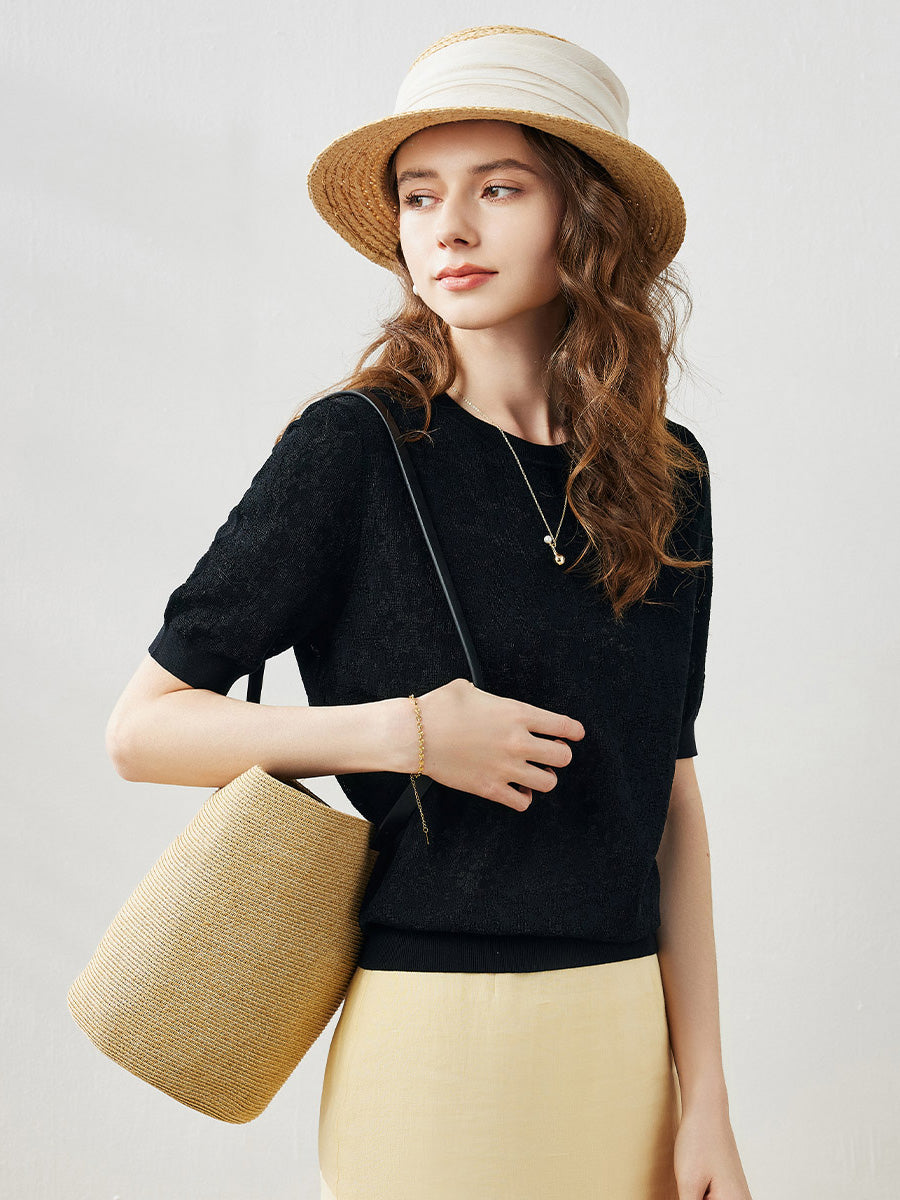 COMOBOCA Women's Cotton Silk Versatile Floral Lace Knit T-Shirt