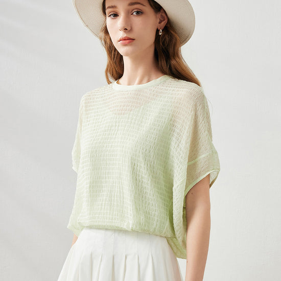 COMOBOCA Women's Crinkle Textured Blouse with Button Closure