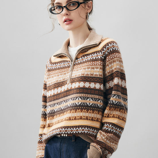 COMOBOCA 100% Cashmere Women's Fair Isle Half Zip Sweater