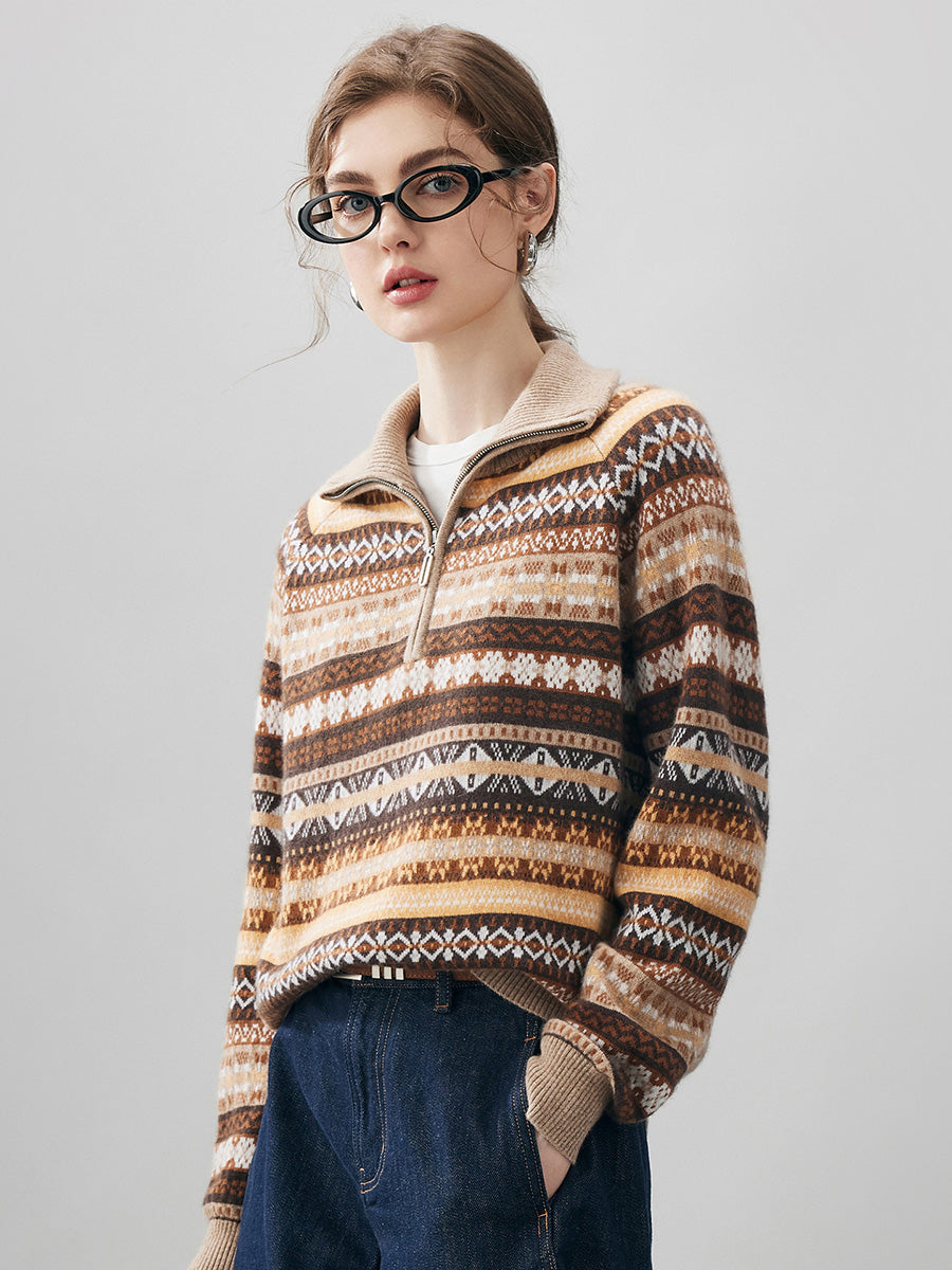 COMOBOCA 100% Cashmere Women's Fair Isle Half Zip Sweater