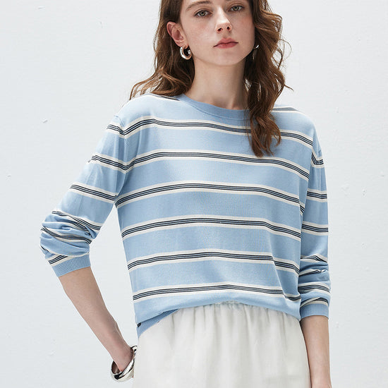 COMOBOCA Light Blue Women's Striped Round Neck Knit Sweater