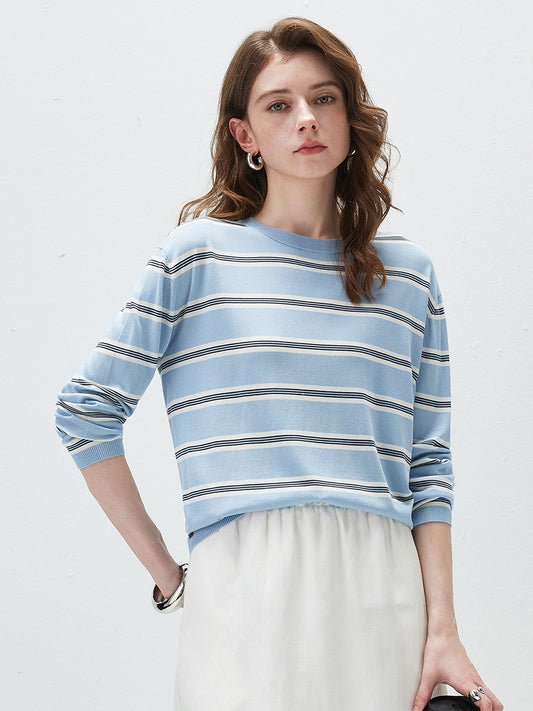 COMOBOCA Light Blue Women's Striped Round Neck Knit Sweater