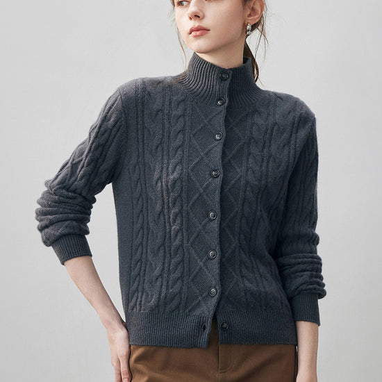 COMOBOCA 100% Cashmere Women's Cable Mock Neck Knit Cardigan