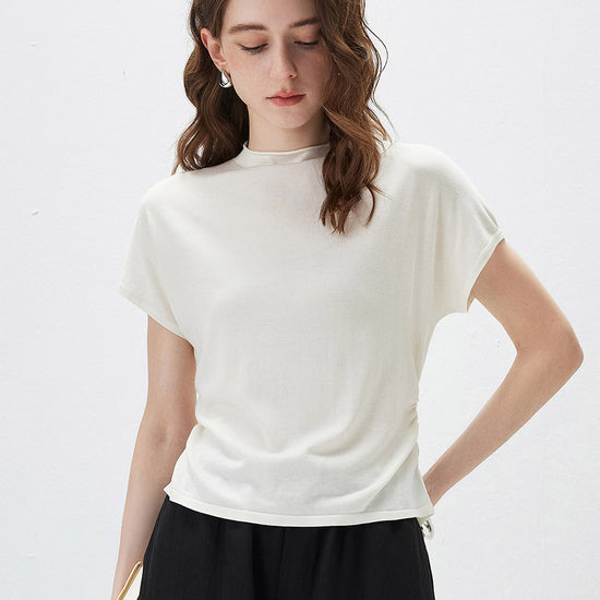 COMOBOCA Cloudy Women's Side Ruched Mock Neck Knit T-Shirt