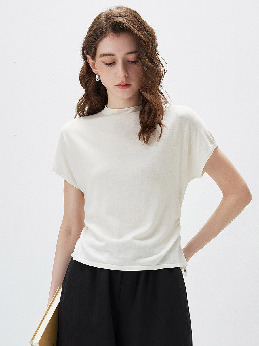 COMOBOCA Cloudy Women's Side Ruched Mock Neck Knit T-Shirt