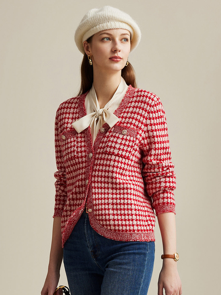 COMOBOCA 100% Wool Women's Houndstooth Cardigan