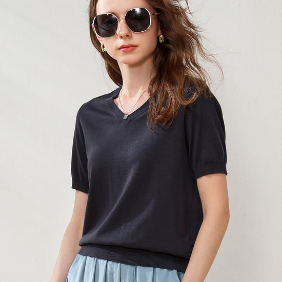 COMOBOCA Navy Blue Women's Lyocell V-Neck Ribbed Knit T-Shirt