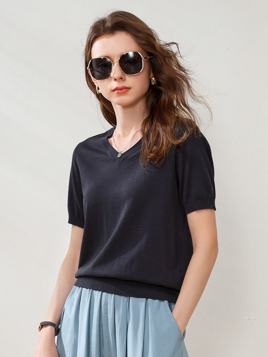 COMOBOCA Navy Blue Women's Lyocell V-Neck Ribbed Knit T-Shirt