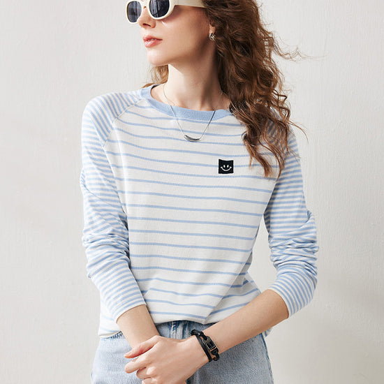 COMOBOCA Blue Women's Cotton Silk Striped Smiley Patch T-Shirt Knit Sweater