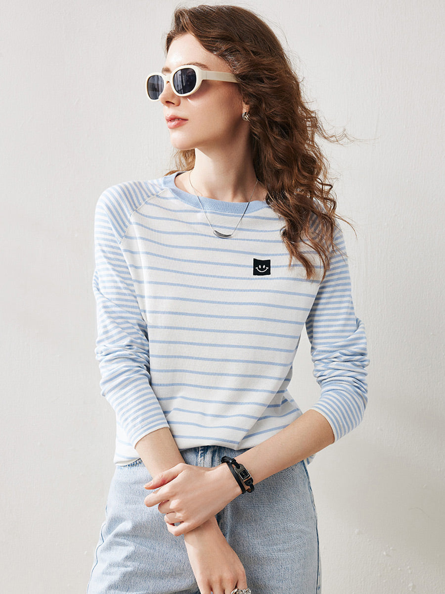 COMOBOCA Blue Women's Cotton Silk Striped Smiley Patch T-Shirt Knit Sweater