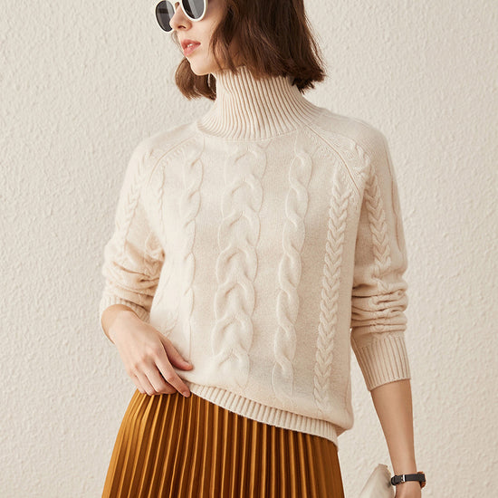 COMOBOCA 100% Cashmere Women's Turtleneck Cable Knit Sweater