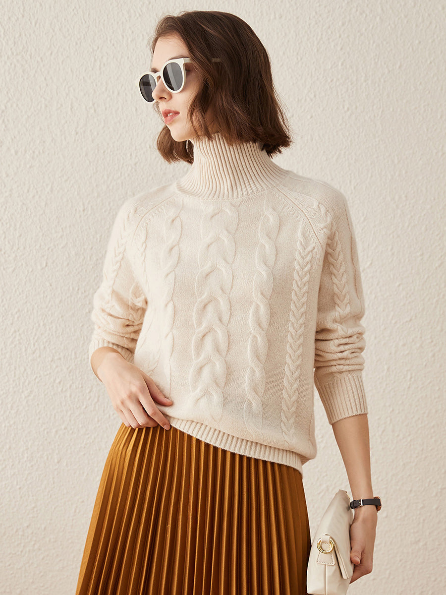 COMOBOCA 100% Cashmere Women's Turtleneck Cable Knit Sweater