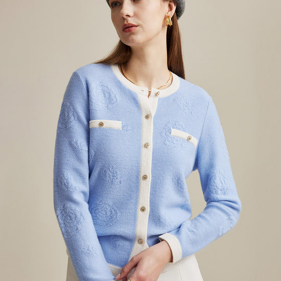 COMOBOCA Light Blue 100% Wool Women's Contrast Trim Floral Embroidery Cardigan