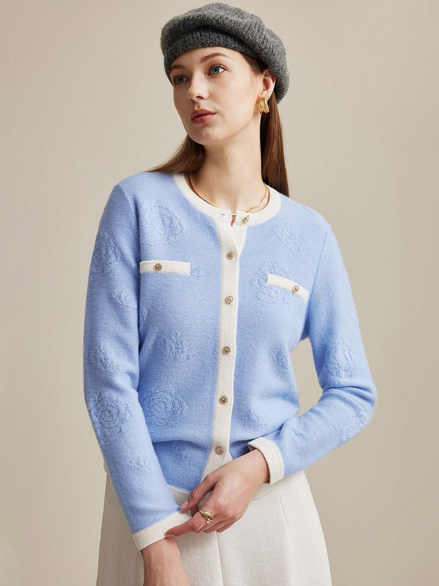 COMOBOCA Light Blue 100% Wool Women's Contrast Trim Floral Embroidery Cardigan