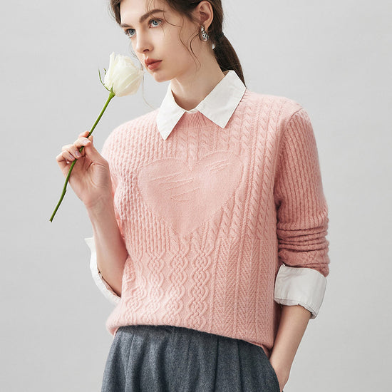 COMOBOCA 100% Cashmere Women's Cable Heart Patterned Knit Sweater