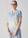 COMOBOCA Light Blue Women's Striped Polo Knit T-Shirt