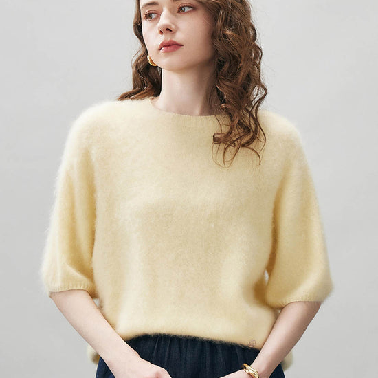 COMOBOCA Light Yellow Women's Wool Seamless Brushed Half Sleeve Knit Sweater