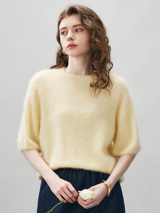 COMOBOCA Light Yellow Women's Wool Seamless Brushed Half Sleeve Knit Sweater