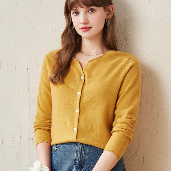 COMOBOCA Yellow 100% Wool Women's V-Neck Button Up Cardigan