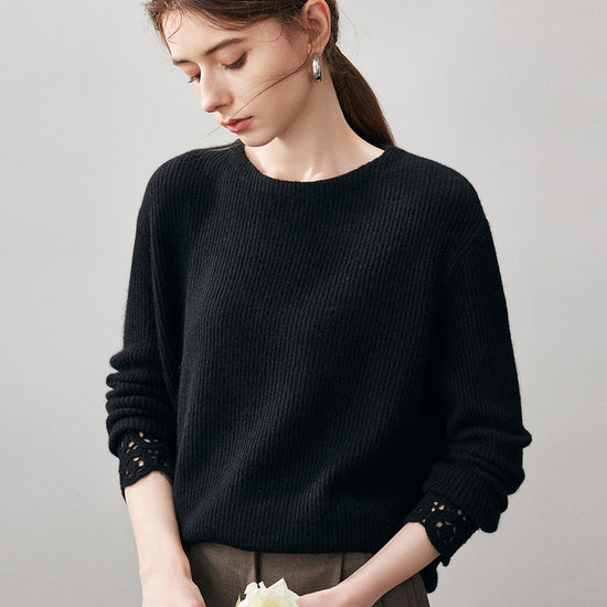 COMOBOCA 100% Cashmere Women's Ribbed Crochet Lace Cuffs Sweater