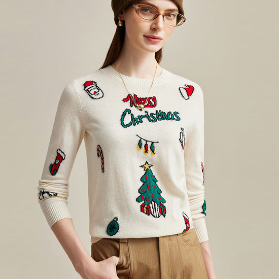 COMOBOCA 100% Cashmere Women's Christmas Embroidered Knit Sweater