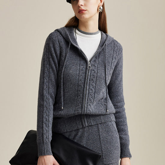 COMOBOCA Dark Gray 100% Wool Women's Cable Knit Zip Cardigan Hoodie