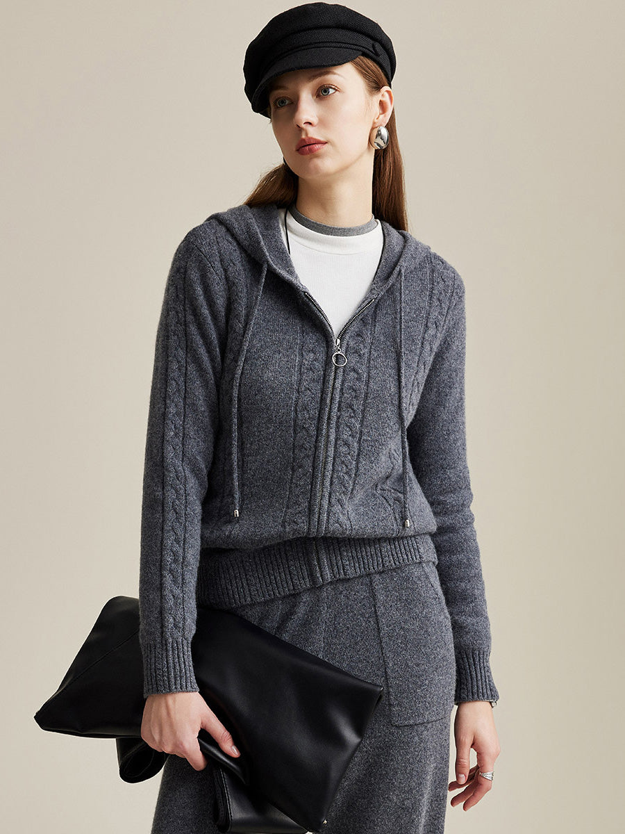 COMOBOCA Dark Gray 100% Wool Women's Cable Knit Zip Cardigan Hoodie