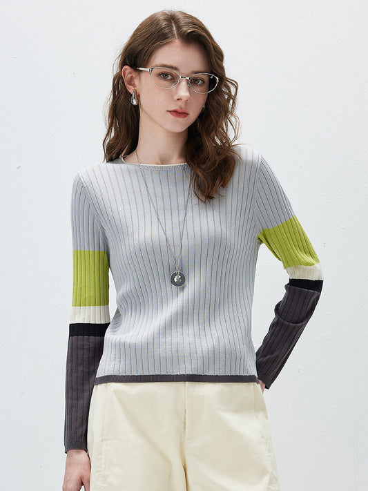 COMOBOCA Gray Women's Ribbed Color Block Round Neck Knit Sweater