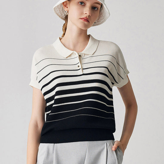 COMOBOCA White Women's Striped Polo Knit T-Shirt