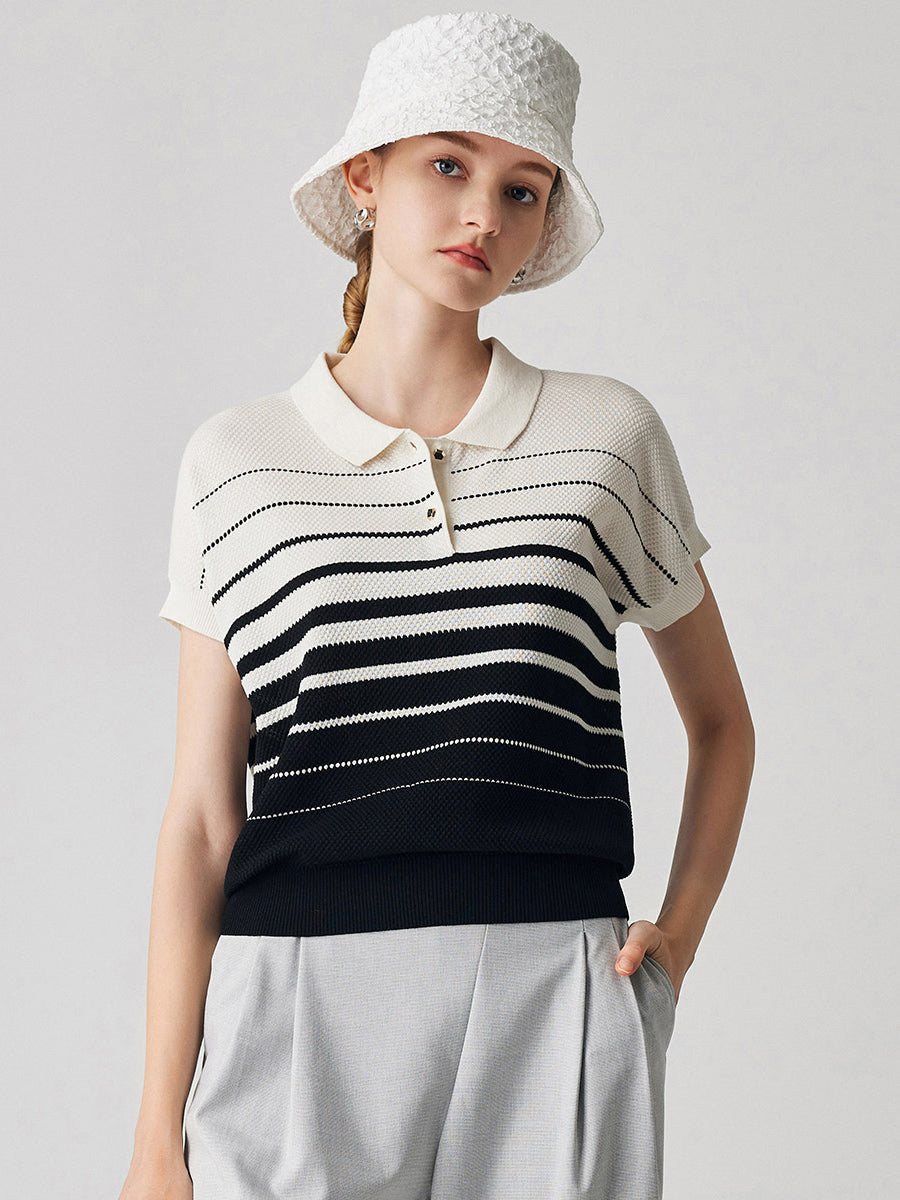 COMOBOCA White Women's Striped Polo Knit T-Shirt