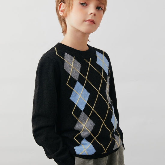 COMOBOCA 100% Wool Kids' Argyle Pattern Round Neck Sweater