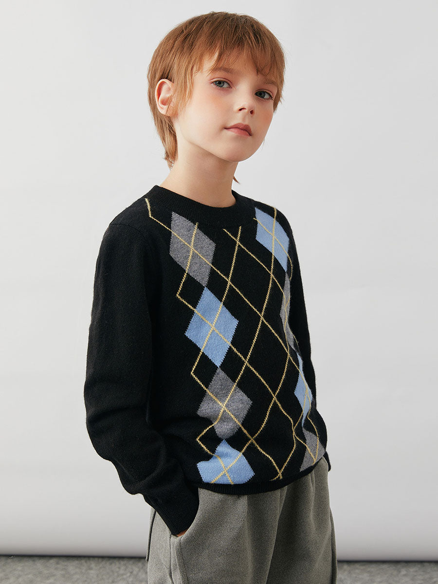 COMOBOCA 100% Wool Kids' Argyle Pattern Round Neck Sweater