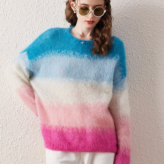 COMOBOCA Women's Mohair Gradient Color Block Fluffy Knit Sweater