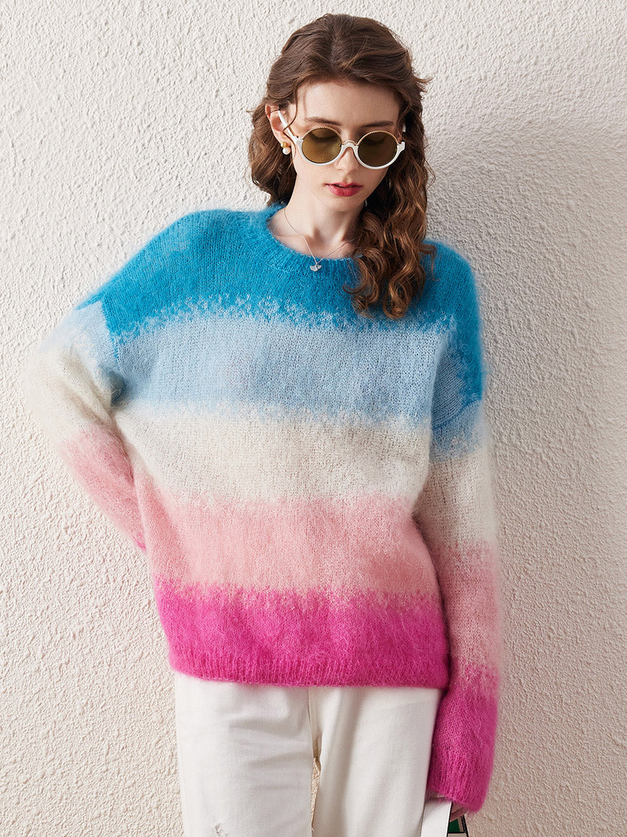 COMOBOCA Women's Mohair Gradient Color Block Fluffy Knit Sweater