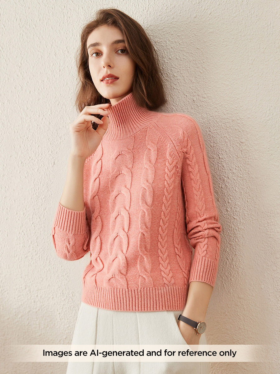 COMOBOCA 100% Cashmere Women's Turtleneck Cable Knit Sweater