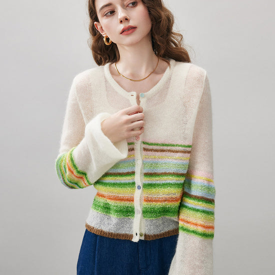 COMOBOCA Women's Rainbow Striped Button Down Cardigan