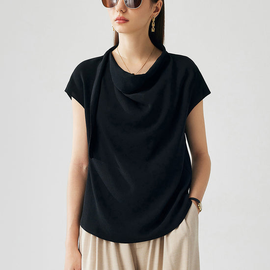 COMOBOCA Black 100% Mulberry Silk Women's Draped Cowl Neck Blouse