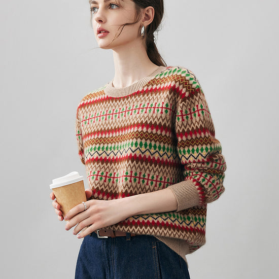 COMOBOCA 100% Cashmere Women's Fair Isle Round Neck Sweater