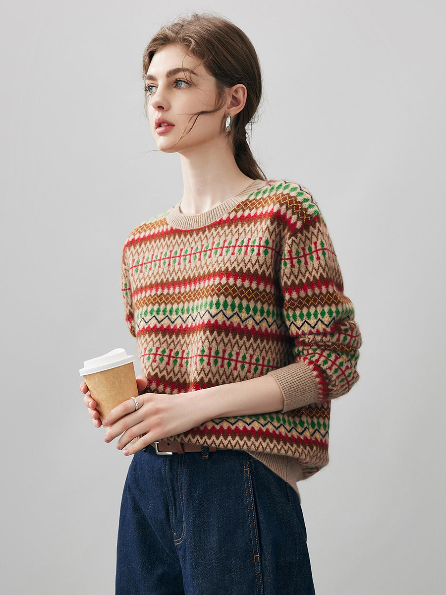 COMOBOCA 100% Cashmere Women's Fair Isle Round Neck Sweater