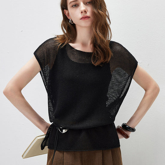 COMOBOCA Black Women's Sheer Mesh Knit Cap Sleeve Top with Side Slit