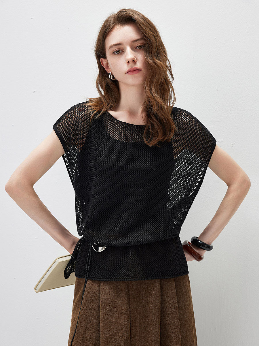 COMOBOCA Black Women's Sheer Mesh Knit Cap Sleeve Top with Side Slit