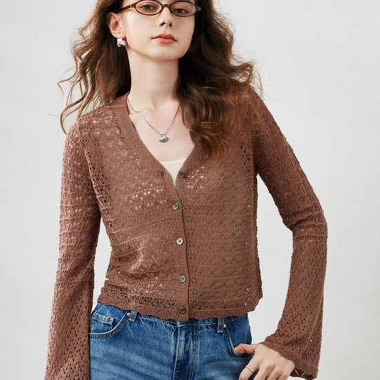 COMOBOCA Women's Bell Sleeve Lace Knit Cardigan