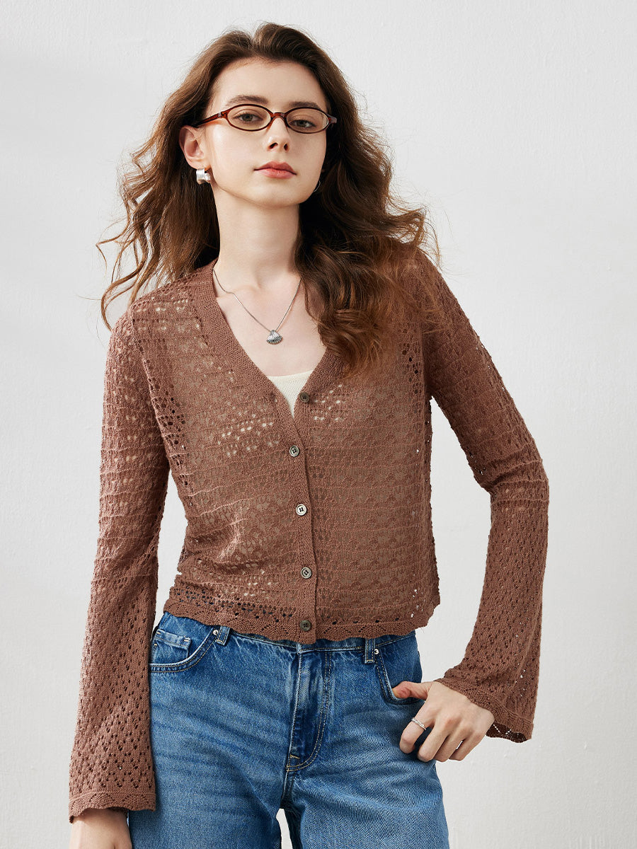 COMOBOCA Women's Bell Sleeve Lace Knit Cardigan